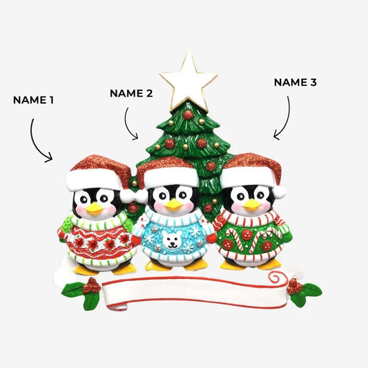 Old sweater penguin family of 3