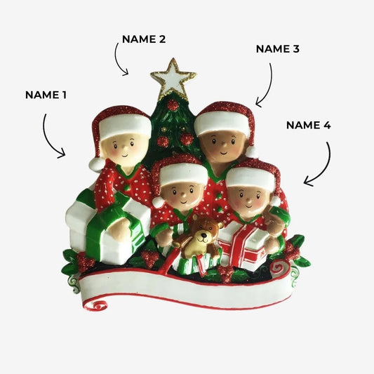 Family of 4 Opening Presents Ornament